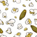 Seamless pattern with popcorn and corn. Colorful vector illustration on white background in sketch style. Royalty Free Stock Photo