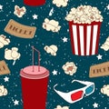 Seamless pattern with popcorn, soda, and 3D glasses. Movie background