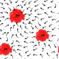Seamless pattern: poppies and black wavy lines on a white background.