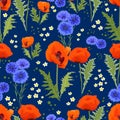 Seamless pattern with poppies and cornflowers on a blue background