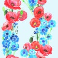 Seamless pattern with poppies and cornflowers. Watercolor.