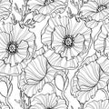 Seamless pattern with poppy flowers. Floral background. Black and white illustration Royalty Free Stock Photo