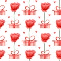 Seamless pattern with poppy flowers. presents, hearts, gift boxes. Floral pink background for wrapping paper, valentines day Royalty Free Stock Photo