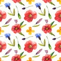 Seamless pattern with poppy, knapweed, harebell. Wildflower illustration.Natural hand drawing background .Great for