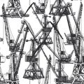 Seamless pattern Port crane machinery Building Tower construction. Hand drawn sketch illustration. Black silhouette isolated on Royalty Free Stock Photo