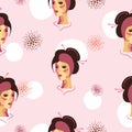 Seamless pattern with portrait of Japanese woman. Royalty Free Stock Photo