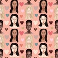 Seamless pattern portraits of women of different races pink background