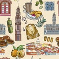 Seamless pattern with Portugal landmarks. Royalty Free Stock Photo