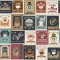 Seamless pattern of postage stamps on coffee theme Royalty Free Stock Photo