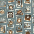 Seamless pattern with postage stamps coffee theme