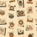 Seamless pattern with postmarks on coffee theme Royalty Free Stock Photo