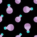 Seamless pattern with potion bottles on a black background. Halloween pattern. Design of banners, paper, packaging, web Royalty Free Stock Photo