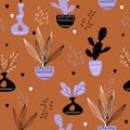 Seamless pattern with potted indoor flowers and cacti. Vector