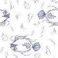 Seamless pattern with predatory fish and seaweed