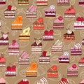 Seamless pattern with pretty cake slices. Different taste and color