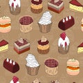 Seamless pattern with pretty cake slices. Different taste and color