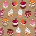 Seamless pattern with pretty cake slices. Different taste and color