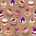 Seamless pattern with pretty cake slices. Different taste and color