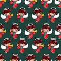 Seamless pattern of pretty Christmas angels with stars and horn, flying on green starry sky. Royalty Free Stock Photo