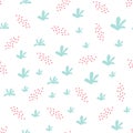 Seamless pattern of primitive simple elements, leaves, plants, dots. Print for fabric, wallpaper, children`s clothing, decor,