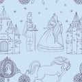 Seamless pattern with prince, princess, castle, carriage with horse and butterflies.