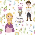 Seamless pattern with princess Cinderella, prince, watch, mouse and lettering