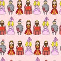 Seamless pattern with princess, queen, king and knight