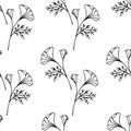 Seamless pattern with print from black and white contour branches with flower.