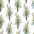 Seamless pattern with a print of bouquets of spring flowers snowdrops, pussy willow.