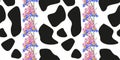 Seamless pattern with print of cow skin and wildflowers. Abstract spots and cute meadow flowers on a white background. Royalty Free Stock Photo