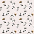 Seamless pattern, print, delicate gray-beige flowers and branches with leaves on a beige background. Textiles, wallpaper Royalty Free Stock Photo