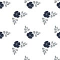 Seamless pattern, print, delicate small blue flowers and gray leaves on a white background. Textiles, bed linen. Royalty Free Stock Photo