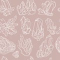 Seamless pattern print with diamond and crystal gemstones Liner drawing in doodle style on a beige background.