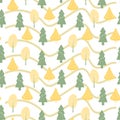 Seamless pattern, print from doodles, drawn forest trees and pines on a white background with gentle waves, decor for kids bedroom Royalty Free Stock Photo