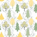 Seamless pattern, print from doodles, drawn forest trees and pines on a white background. Textiles, decor for kids bedroom Royalty Free Stock Photo