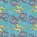 Seamless pattern, print, drawn cute octopuses in soft blue water with bubbles. Underwater life. Design for textiles, covers