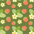 Seamless pattern, print, drawn red strawberries, flowers and green leaves. Textiles, wrapping paper, cover, kitchen decor.. Royalty Free Stock Photo