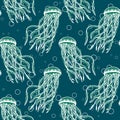 Seamless pattern, print, drawn stylized jellyfish in turquoise water with bubbles. Underwater life. Design for textiles, covers