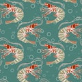 Seamless pattern, print, drawn stylized shrimps in turquoise water with bubbles. Underwater life. Design for textiles, covers