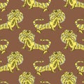 Seamless pattern, print, hand-drawn stylized lizards with ornament on a beige background. Textile, cover