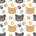 Seamless pattern, print, muzzles of cute gray and brown cats and paw prints. Textiles, cover, decor for kids bedroom