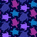 Seamless pattern. Print of pink, purple, blue turtles on dark background Can use in textile or decorative design of paper Royalty Free Stock Photo