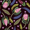 Seamless pattern with proteas flowers. Trendy floral vector print. Royalty Free Stock Photo