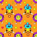 Seamless pattern with psychedelic characters. Trendy vector print. Abstract design of cartoon stickers. Trend vector