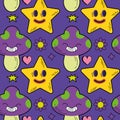 Seamless pattern with psychedelic characters. Trendy vector print. Abstract design of cartoon stickers. Trend vector