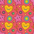 Seamless pattern with psychedelic characters. Trendy vector print. Abstract design of cartoon stickers. Trend vector