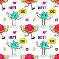 Seamless pattern with psychedelic characters. Trendy vector print. Abstract design of cartoon stickers. Trend vector