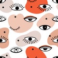 Seamless pattern with psychedelic eyes and contemporary abstract shapes.