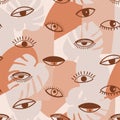 Seamless pattern with psychedelic eyes and contemporary abstract shapes. Different kind of eyes.