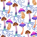 Seamless pattern with psychedelic and fairy colorful mushrooms. Vector hand drawn illustration.